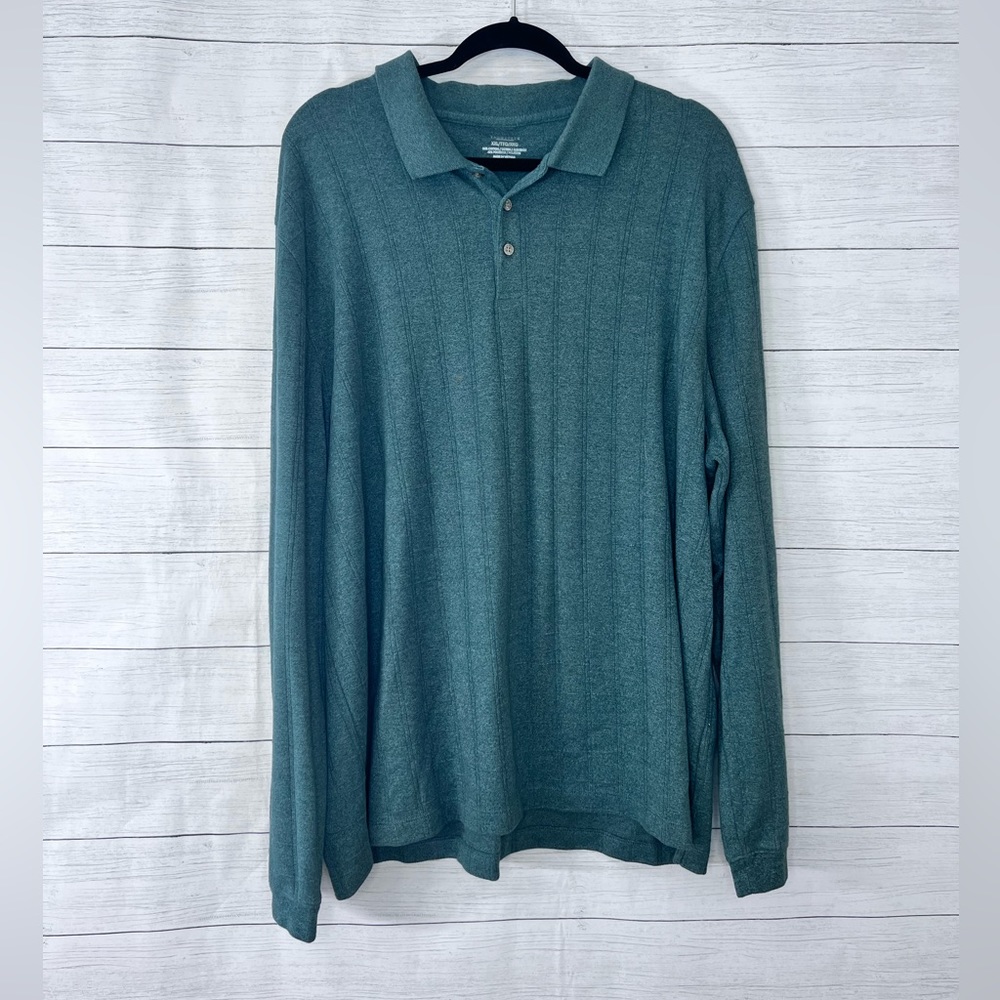 Van Heusen XXL Checkered Textured Long Sleeve Polo Shirt Green 💗